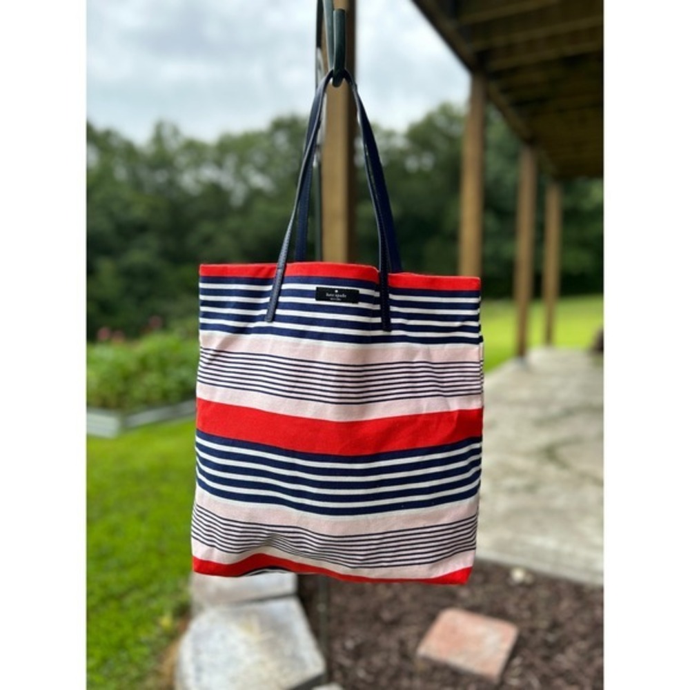 Kate Spade New York Bon Shopper Striped Canvas Beach Tote Work Bag Red Navy Pink